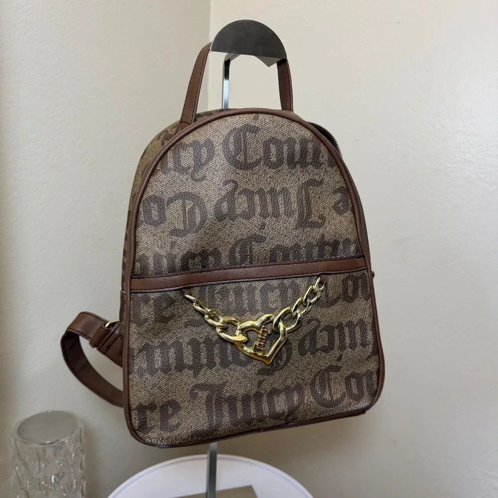 Juicy Couture Brown Monogram‎ Mini Backpack Gold Heart Chain Logo Print Bag